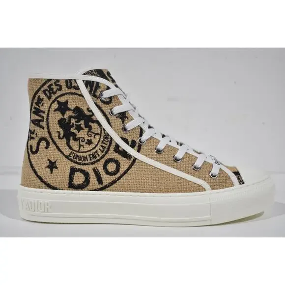 Dior Walk'n'dior Union Embroidered Beige Jute Lace Up Flat High Top Sneaker 39.5 - Picture 2 of 12